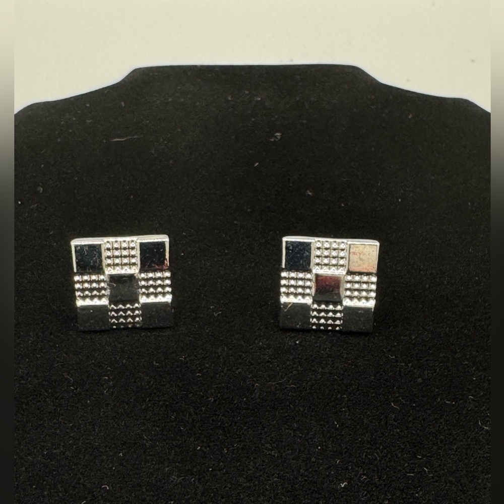 Silver Tone Checkerboard Square Cufflinks – Classic Bullet Back